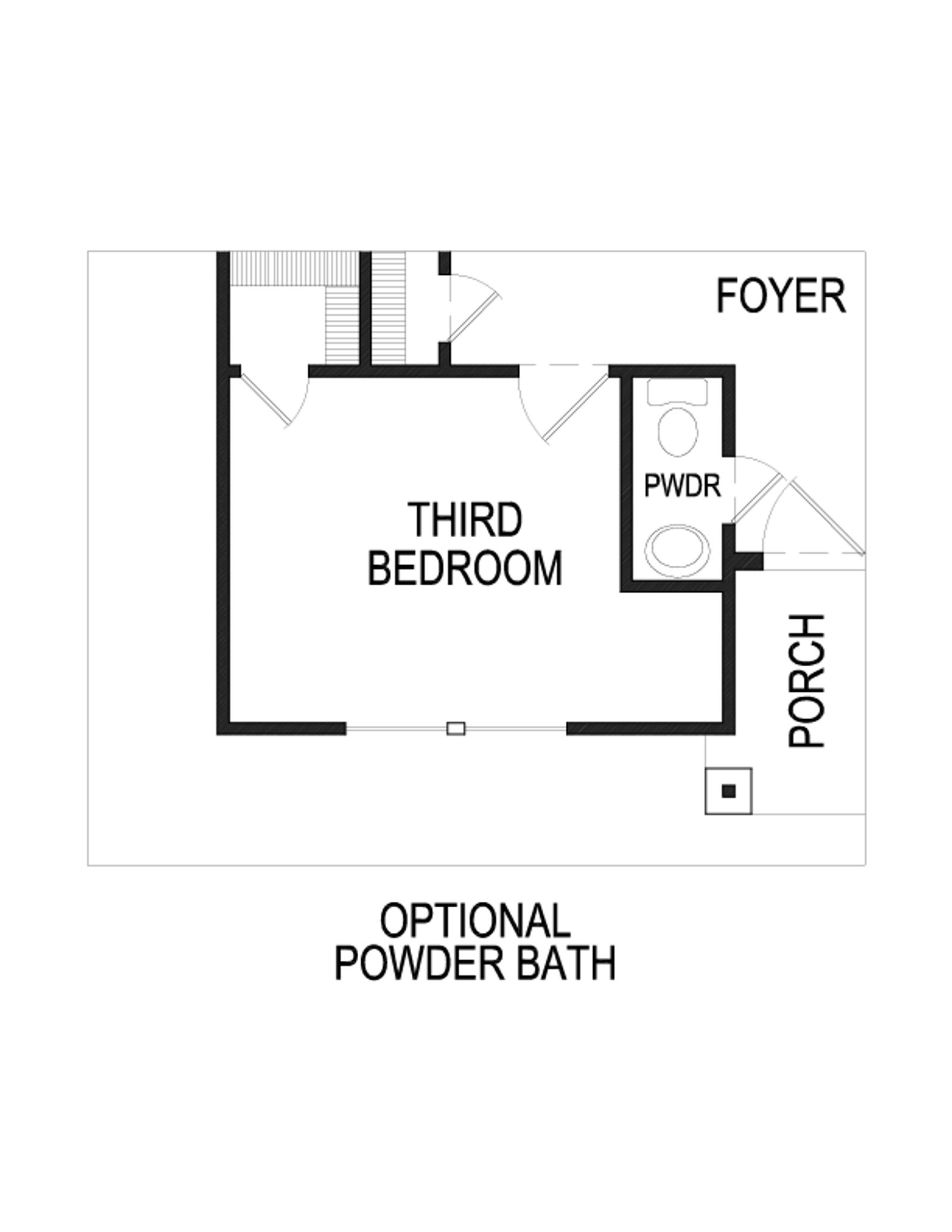 Floor plan of third bedroom with optional powder bath and porch.