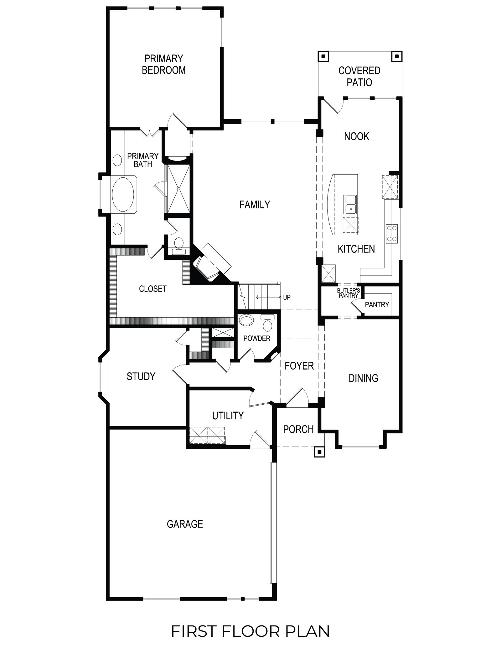 First floor plan showing garage, primary bedroom, family room, kitchen, and dining area.