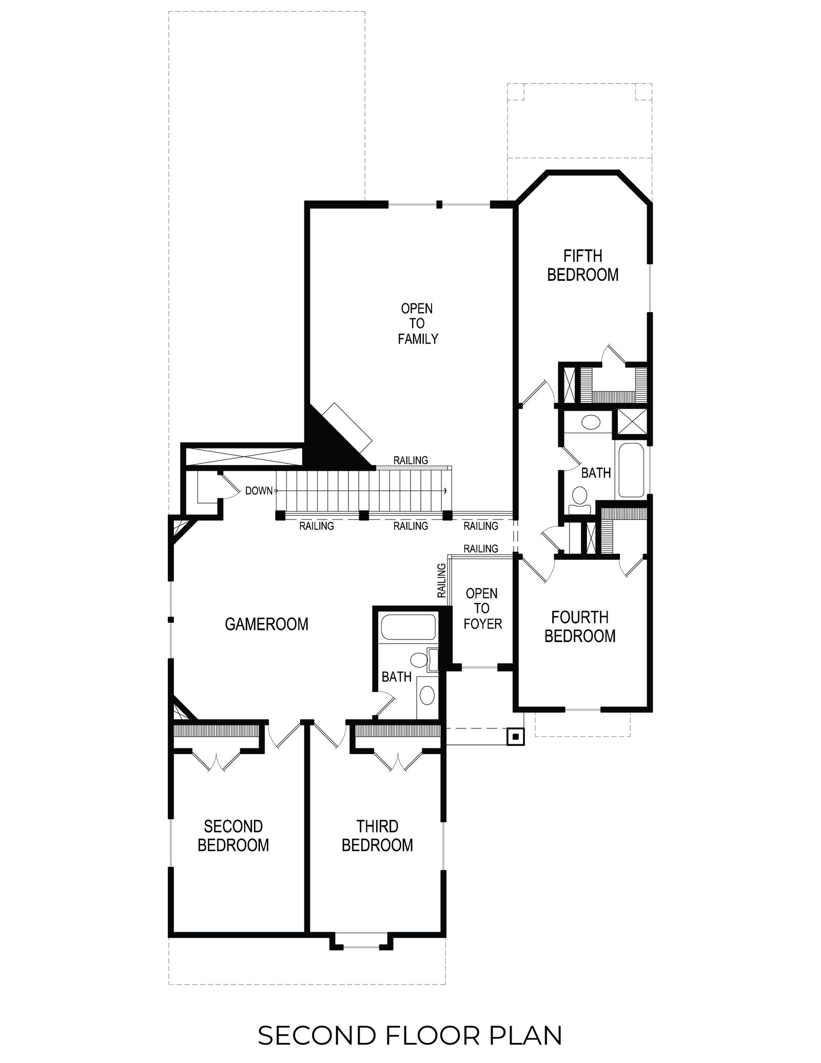 Second floor plan with five bedrooms, gameroom, and two bathrooms.
