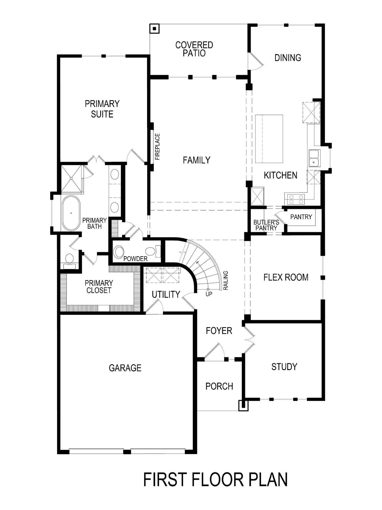 First floor plan with garage, primary suite, and open living areas.