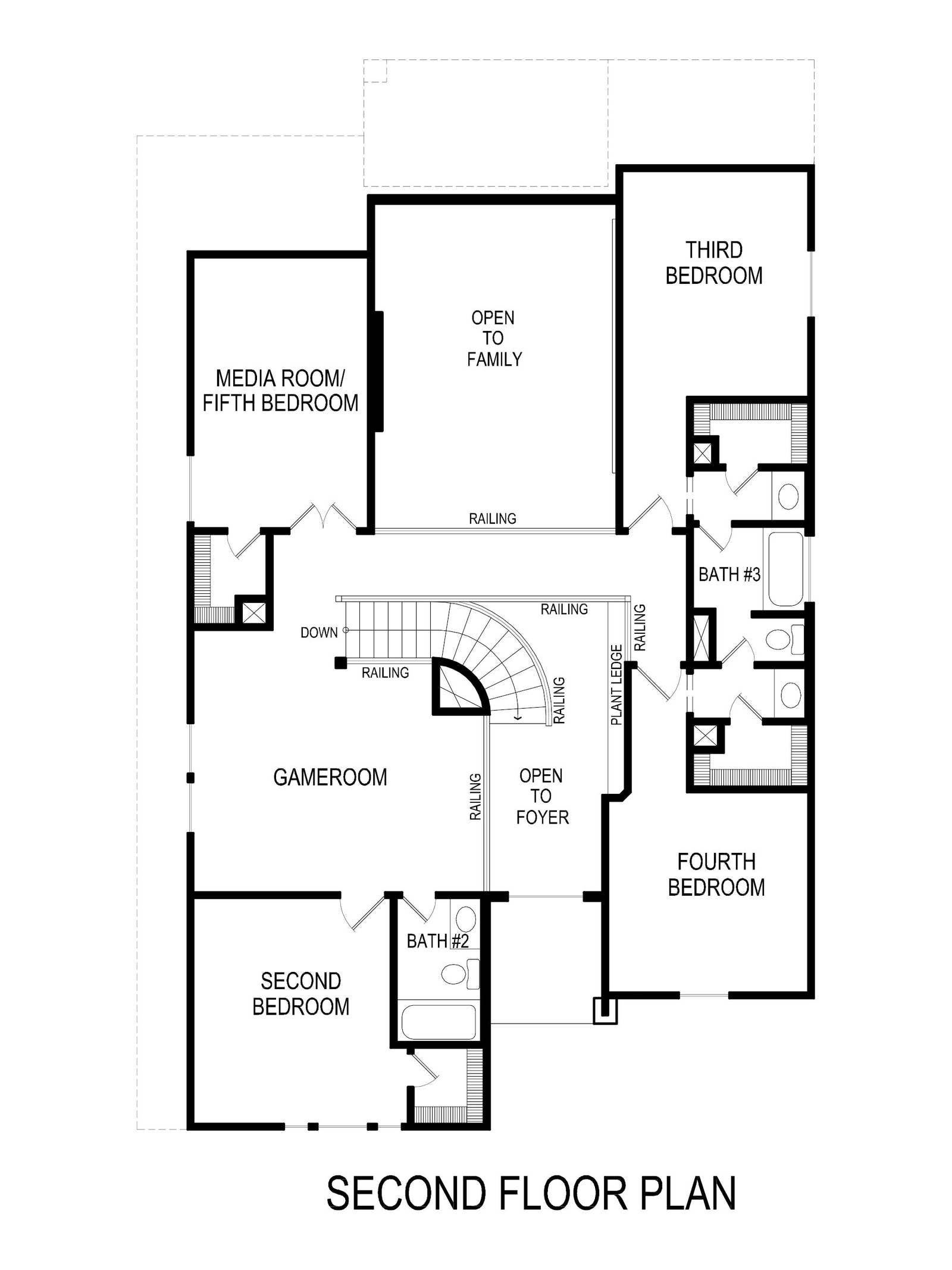Second floor plan featuring bedrooms, bathrooms, gameroom, and media room.