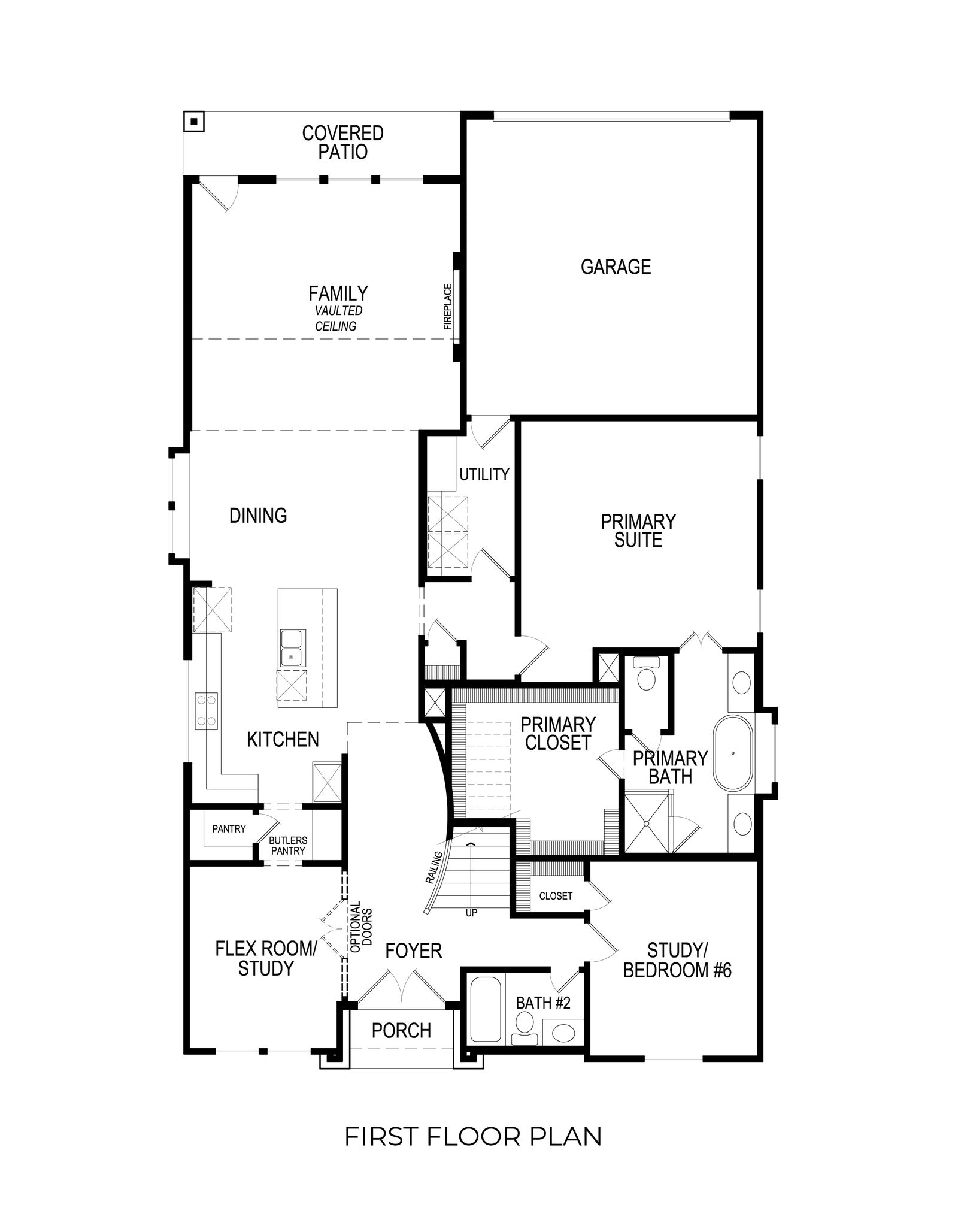 First floor plan of home with garage, patio, and primary suite.