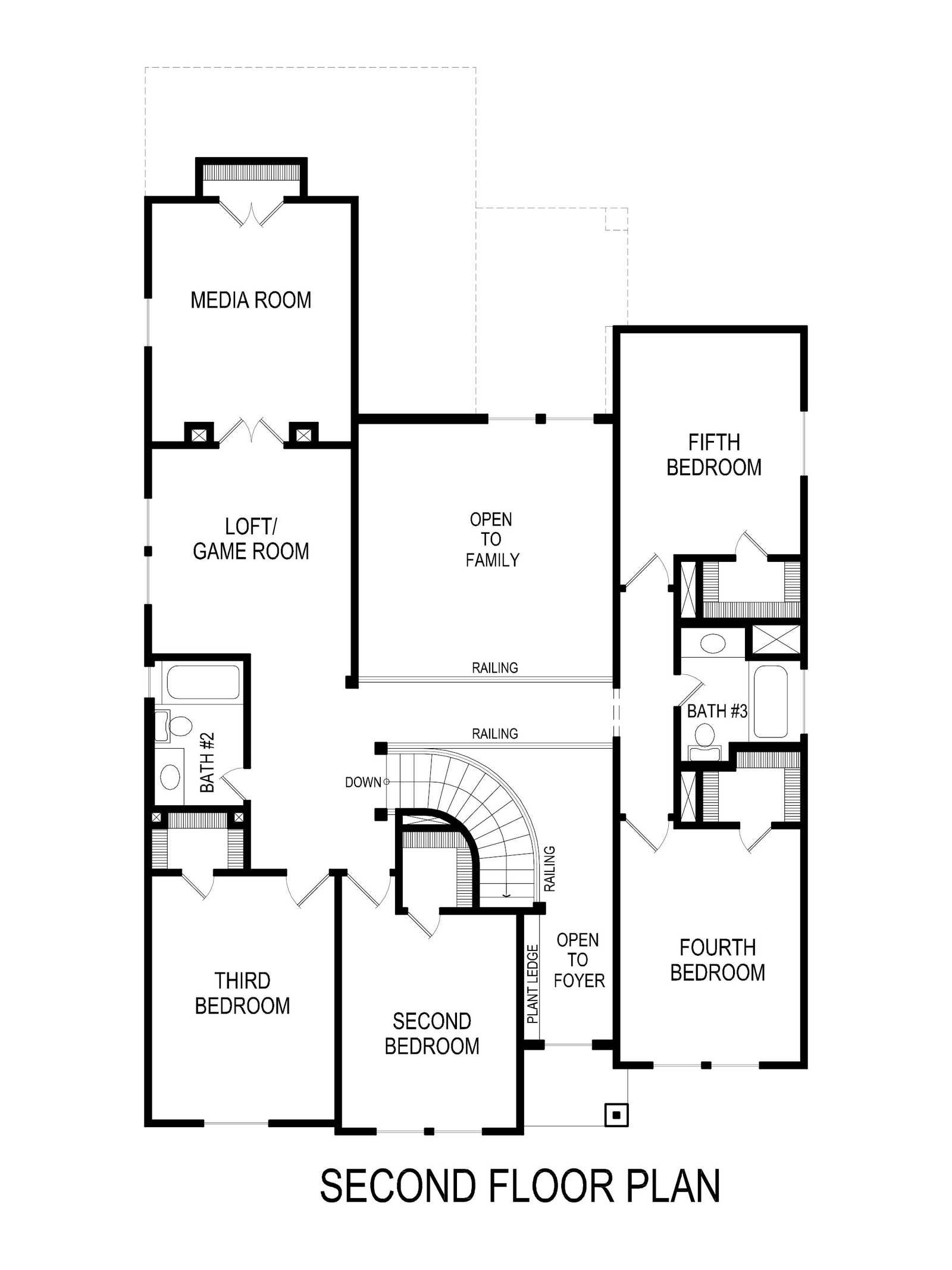 Second floor plan with bedrooms, media room, and loft/game room layout.