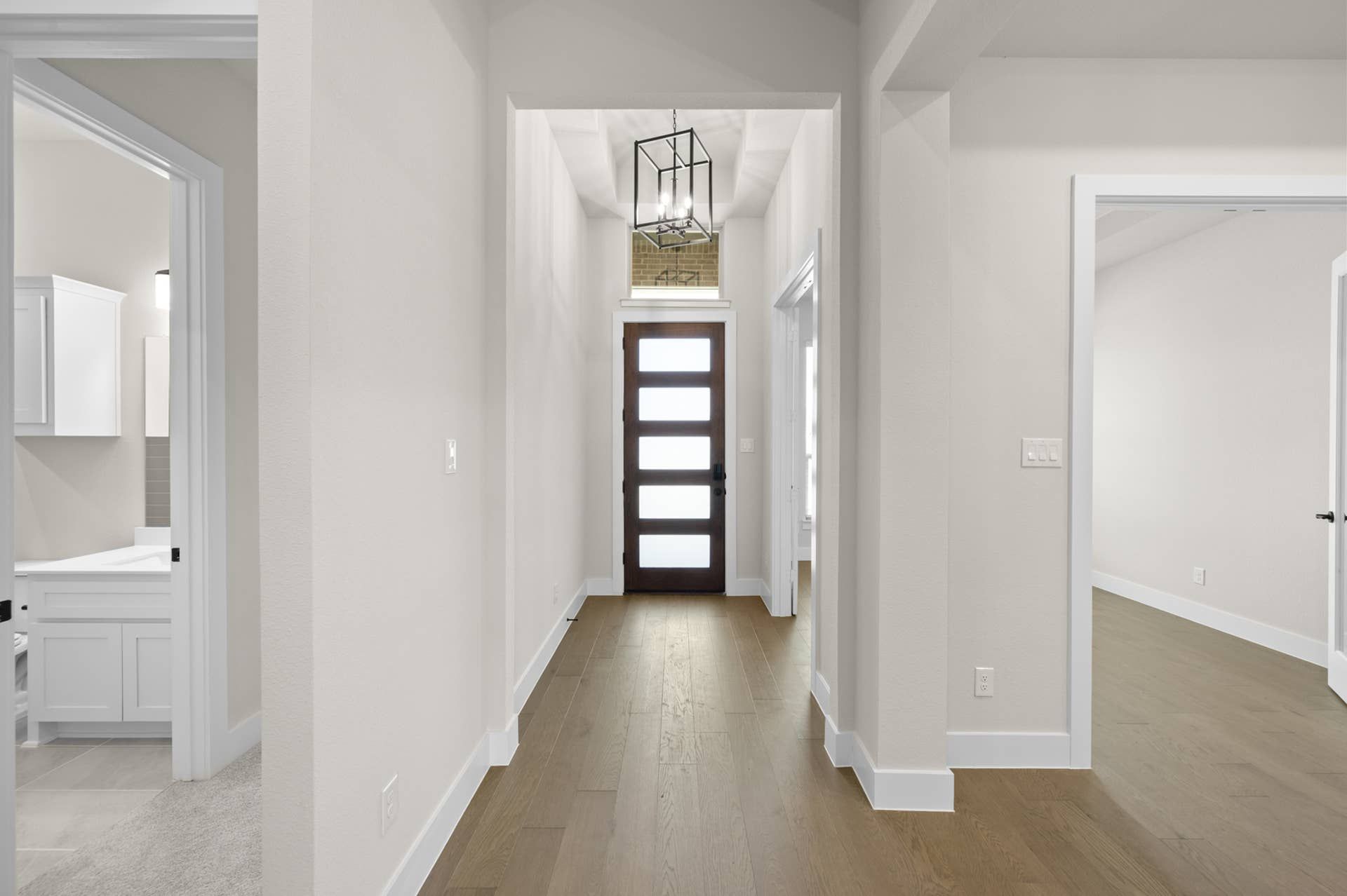 Modern entryway with wooden floor and glass-paneled front door.