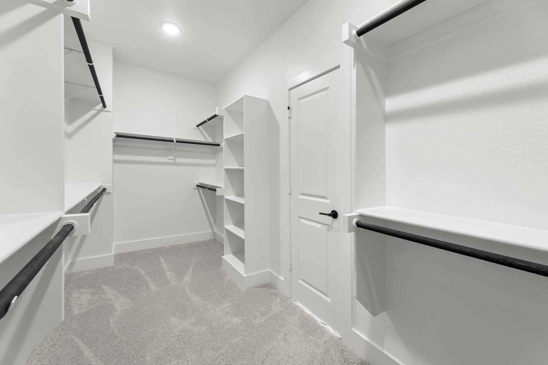 Spacious walk-in closet with shelving and hanging rods, carpeted floor.