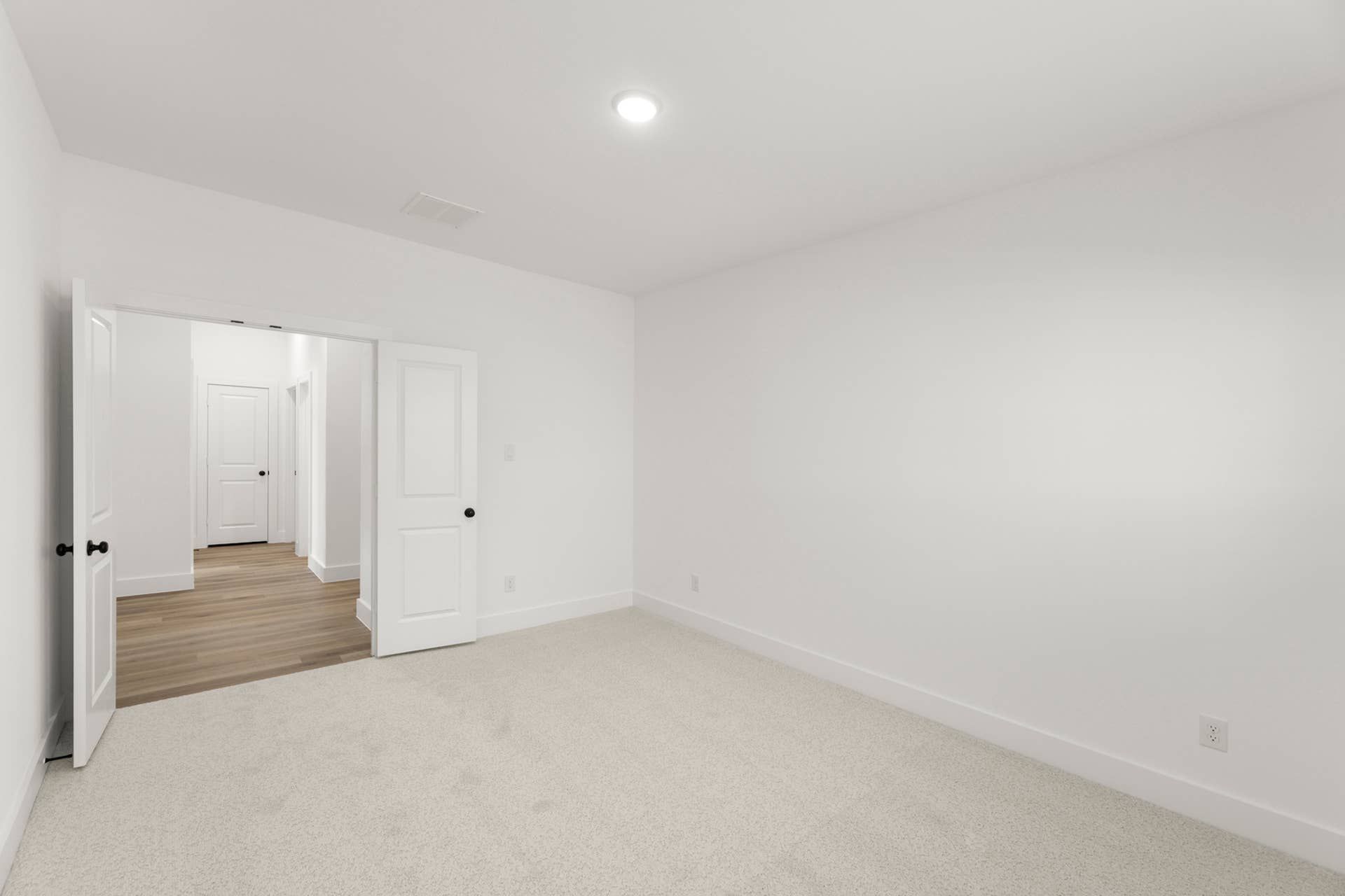 Spacious interior room with carpet flooring and double doors leading to hallway.