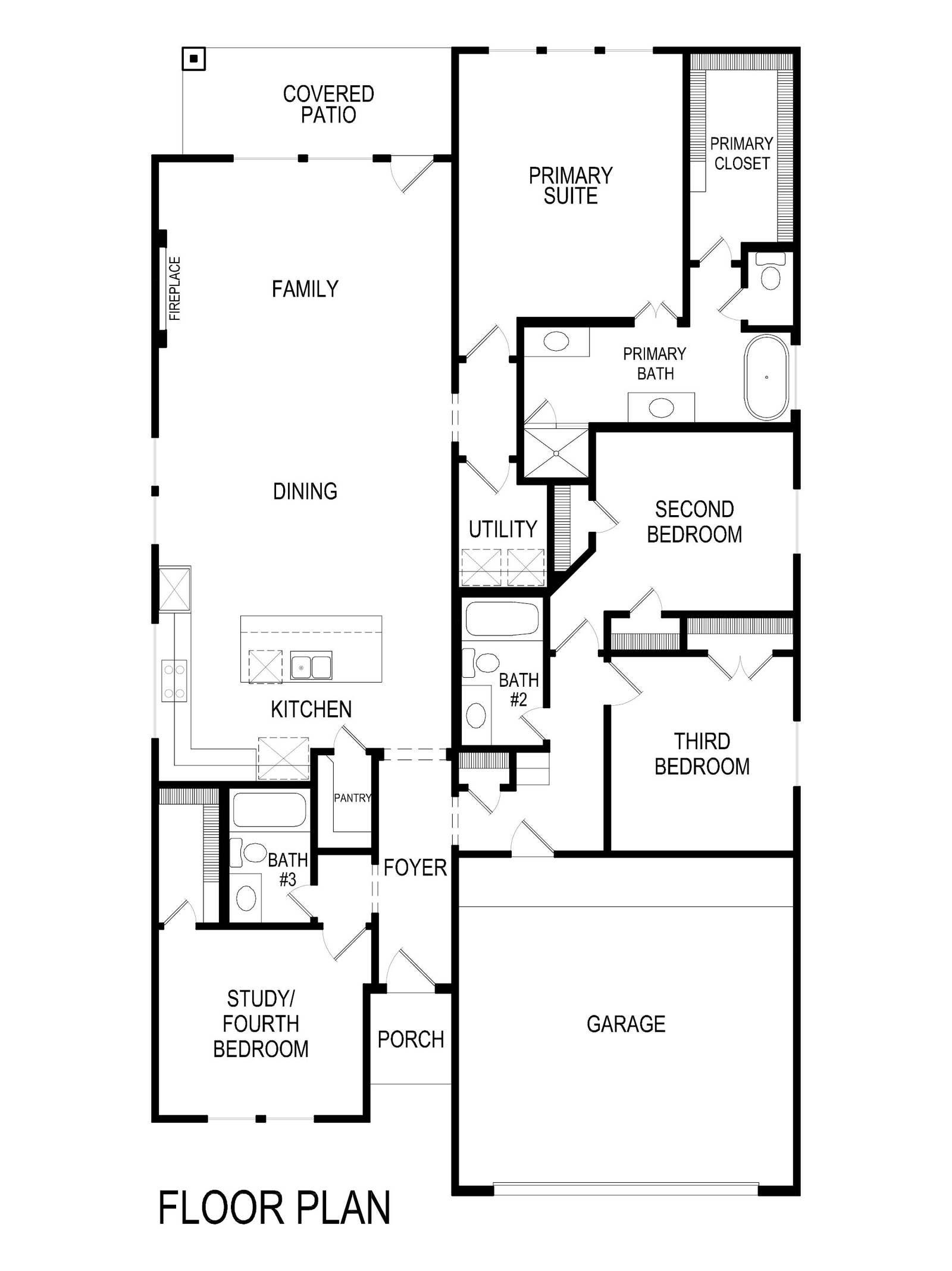 Floor plan with four bedrooms, three baths, garage, and covered patio.