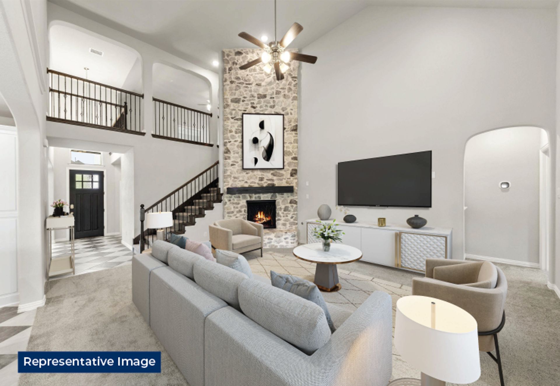 Representative photo of a spacious living room with stone fireplace and modern decor.
