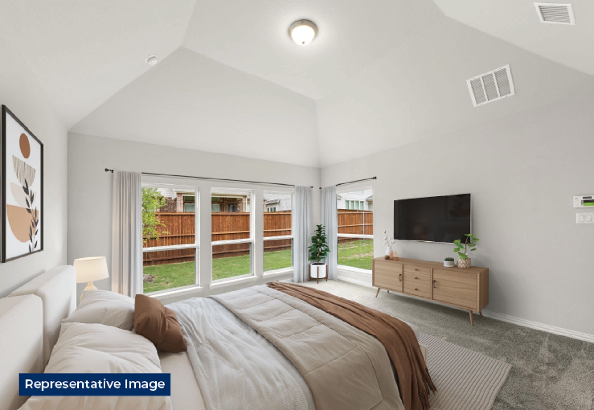 Representative photo of a virtually staged modern bedroom with large windows and neutral decor.