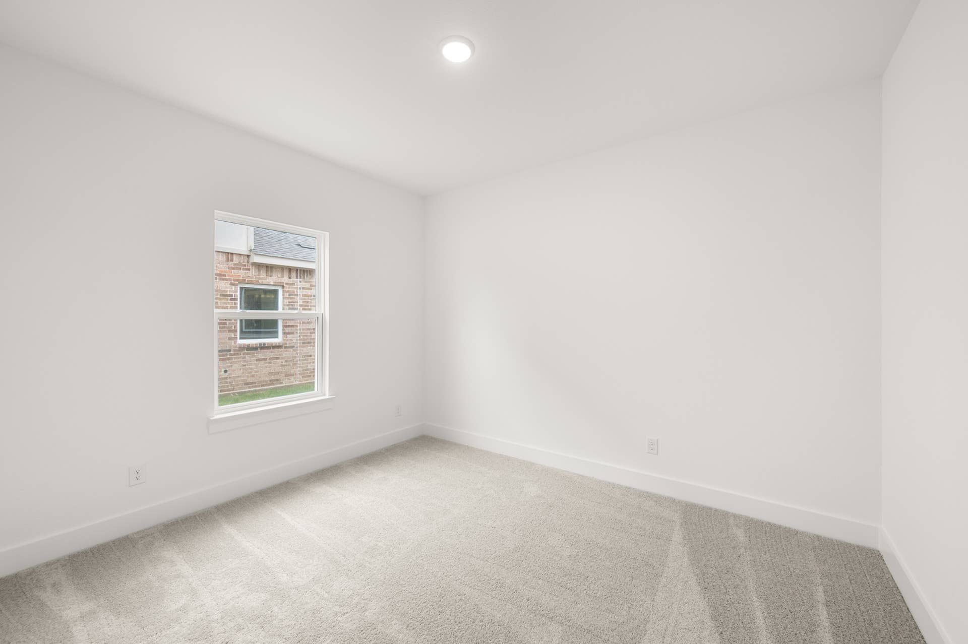 Bright empty bedroom with carpet and single window view.