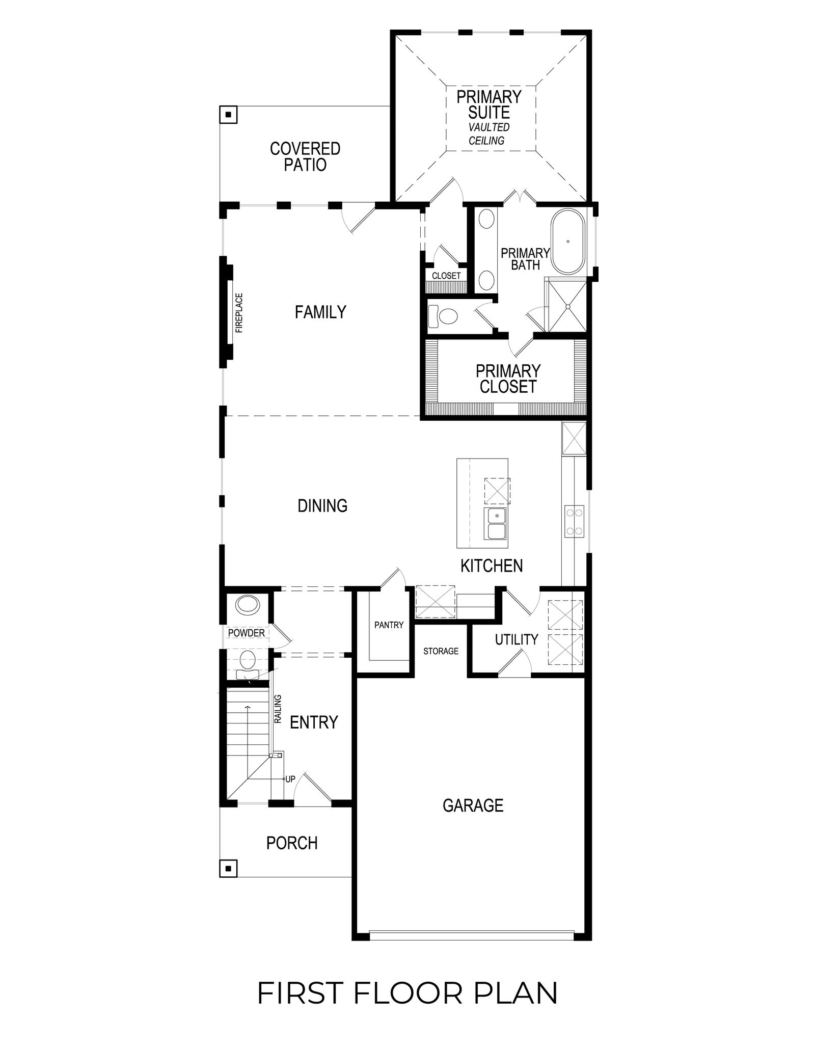 First floor plan with primary suite, family room, kitchen, and garage.