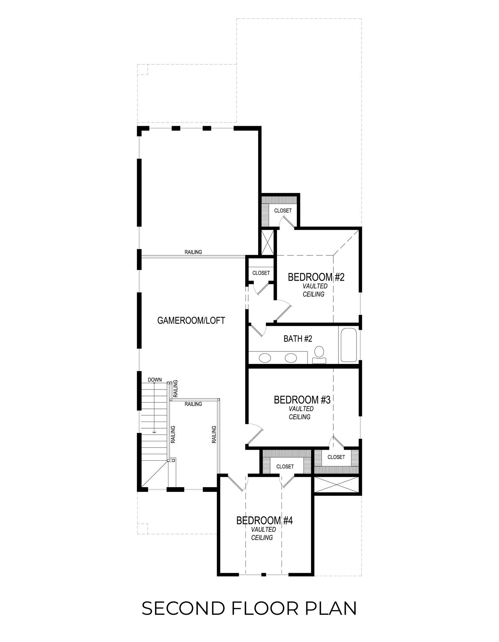 Second floor plan with three bedrooms, gameroom, and bathroom.