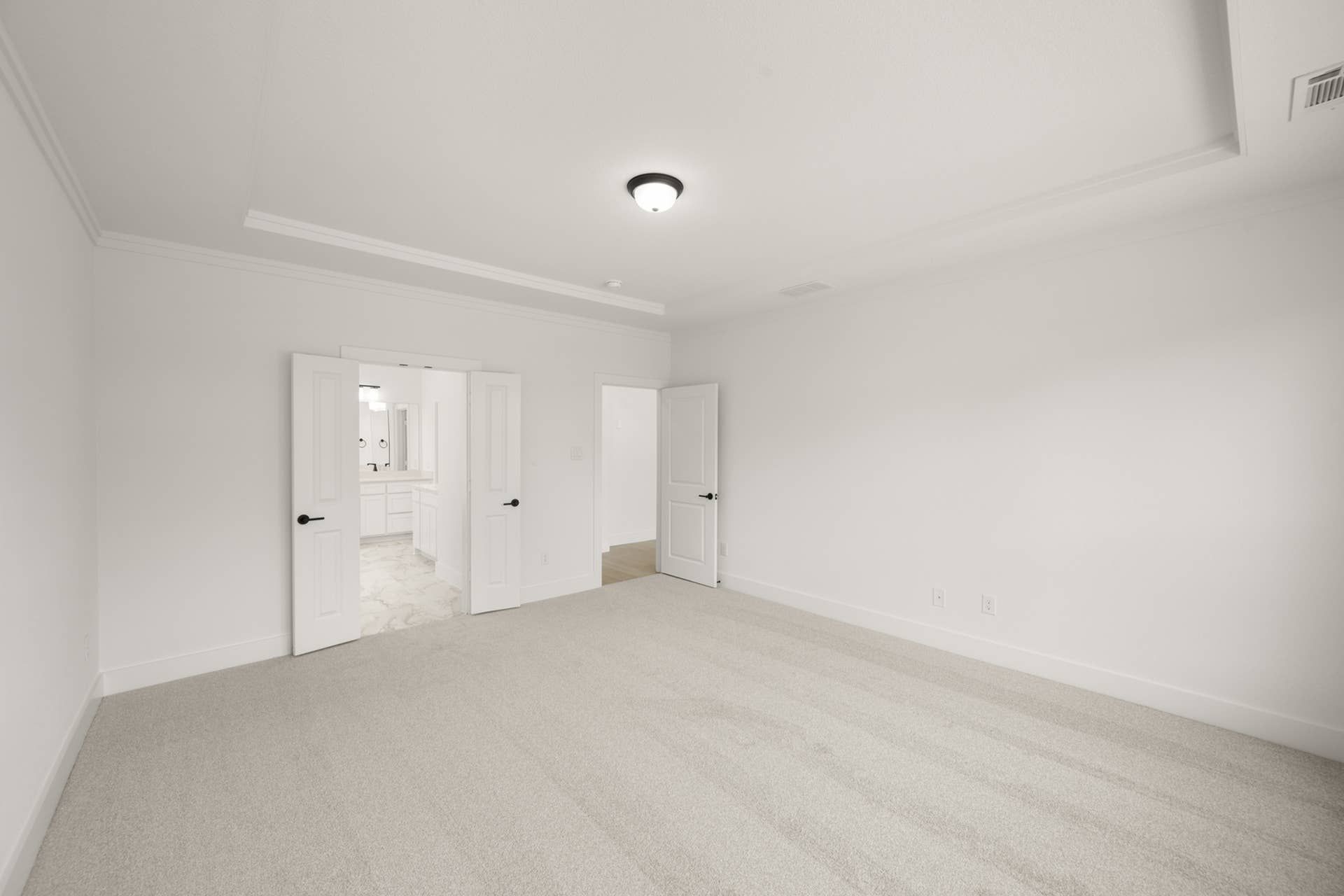 Spacious primary suite with carpeted floor and double doors to ensuite bathroom.