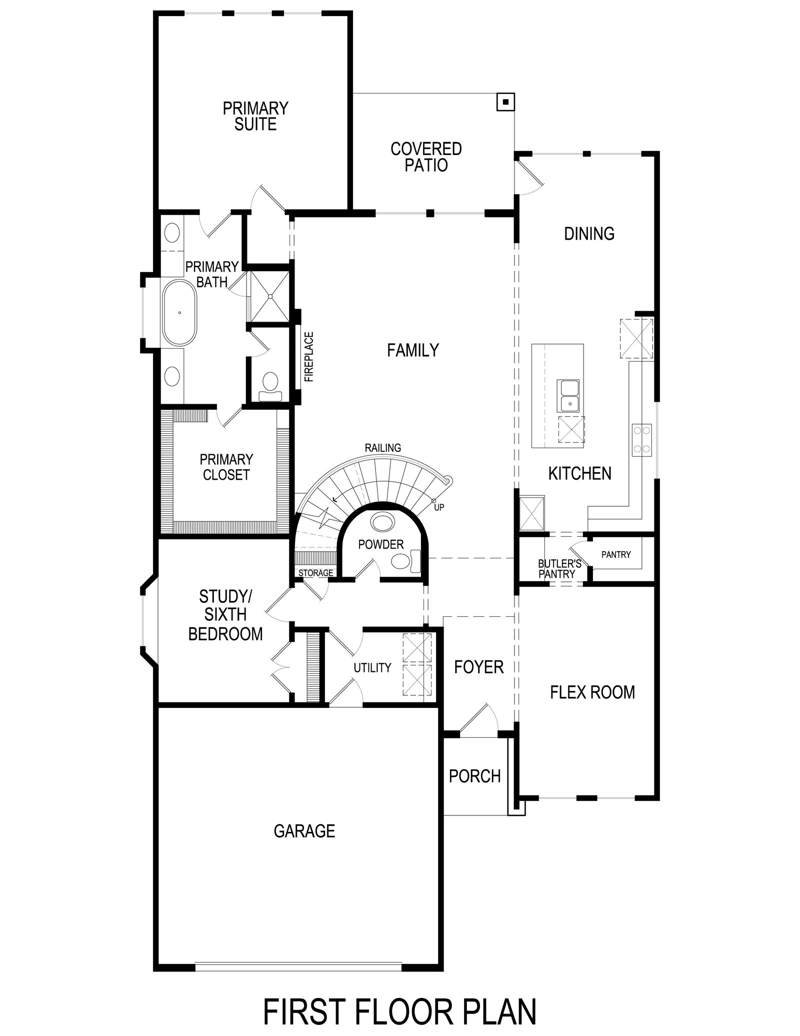 Floor plan of first floor featuring primary suite, family room, and garage.