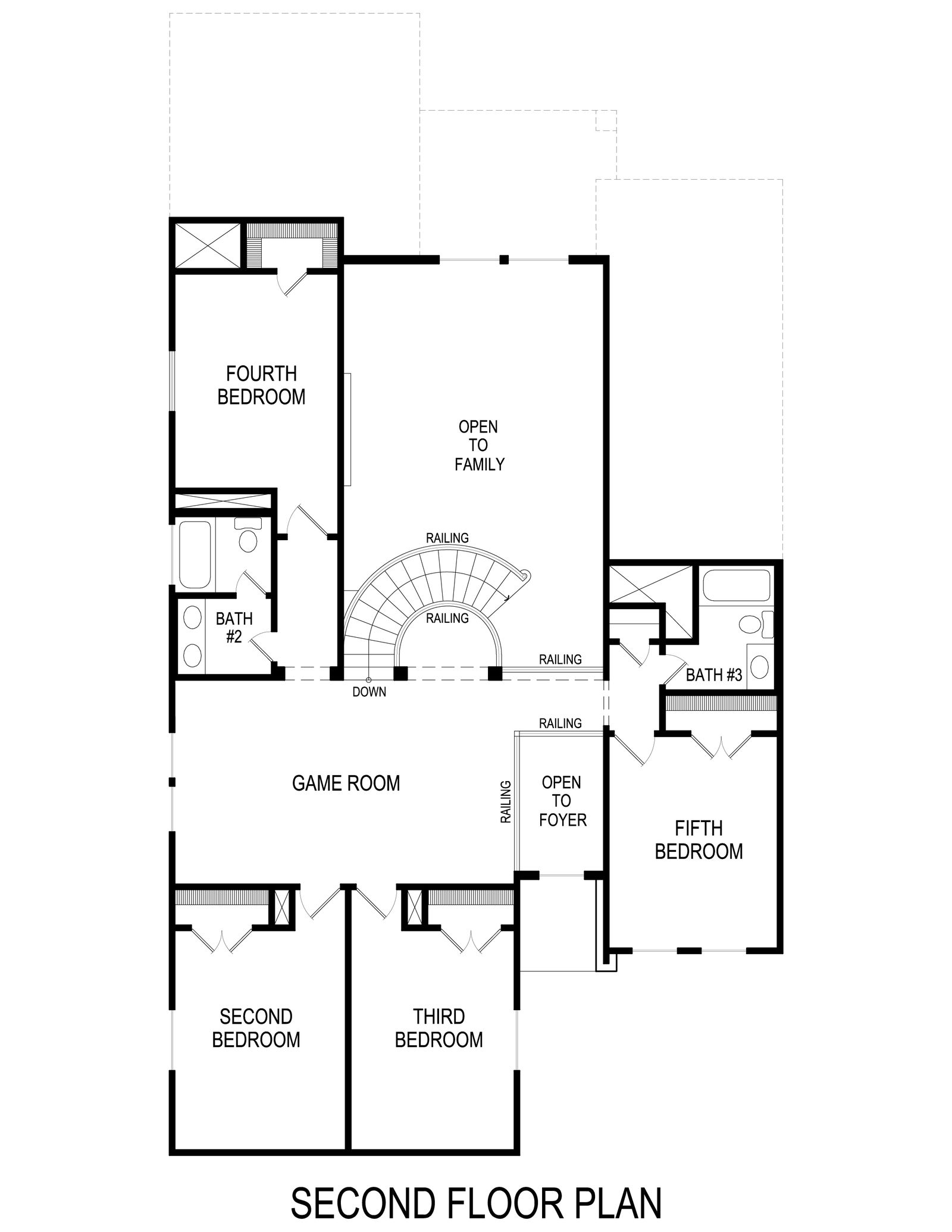 Second floor plan with five bedrooms, game room, and two bathrooms.