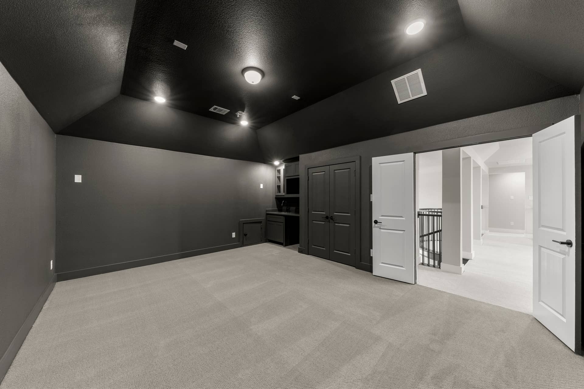 Spacious modern interior room with dark walls and ceiling, recessed lighting.