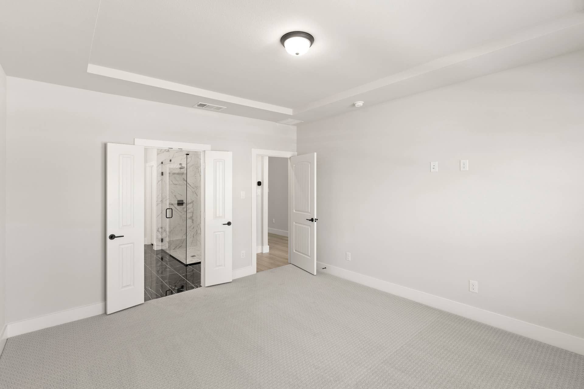 Spacious bedroom with carpet, recessed ceiling, and ensuite bathroom with glass shower.