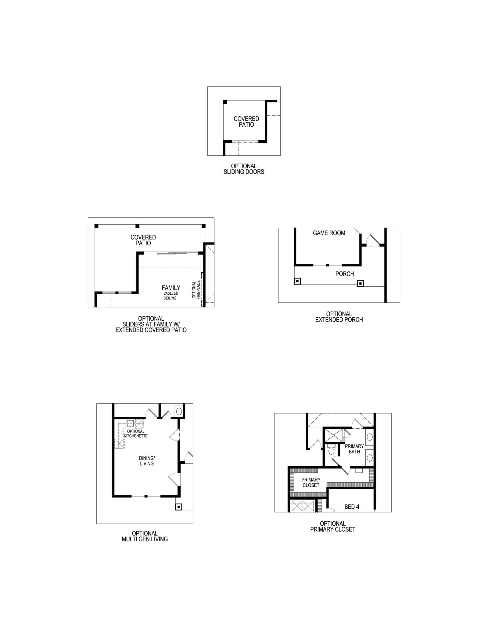 Floor plan options including patios, game room, multi-gen living, and primary closet.