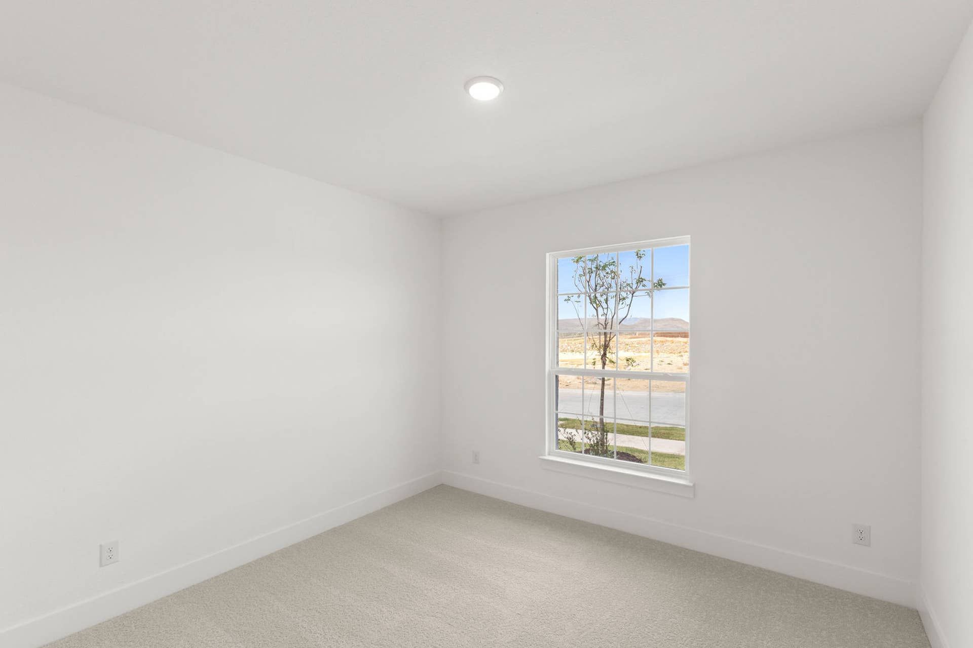 Minimalist bedroom with large window and neutral carpeting.
