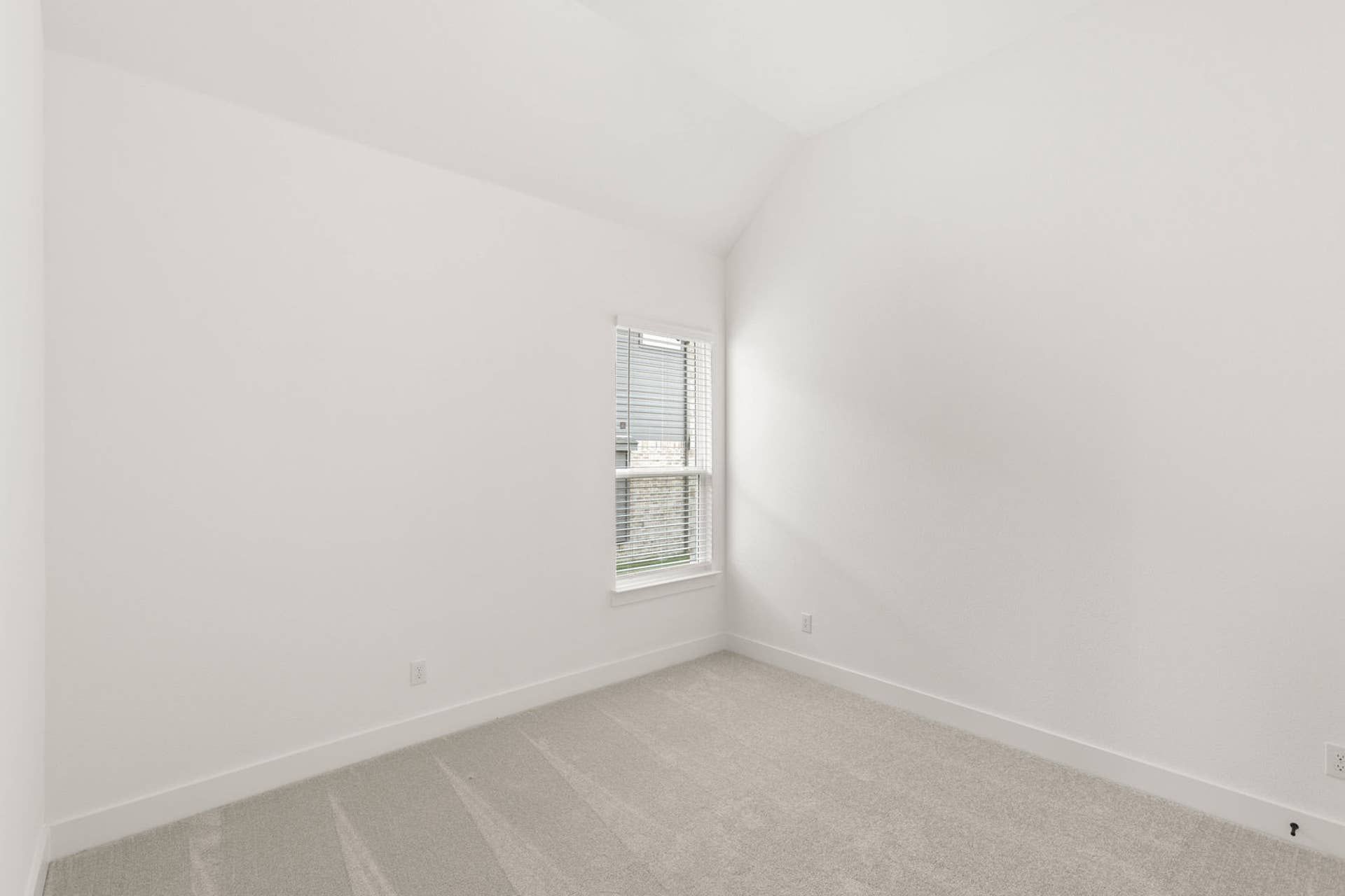 Minimalist bedroom with white walls and plush carpet flooring.