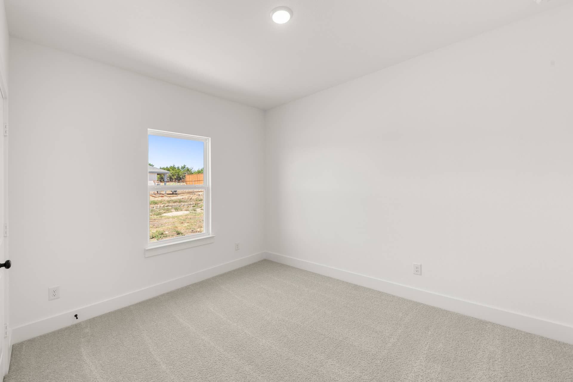 Bright minimal bedroom with plush carpet and single window view.