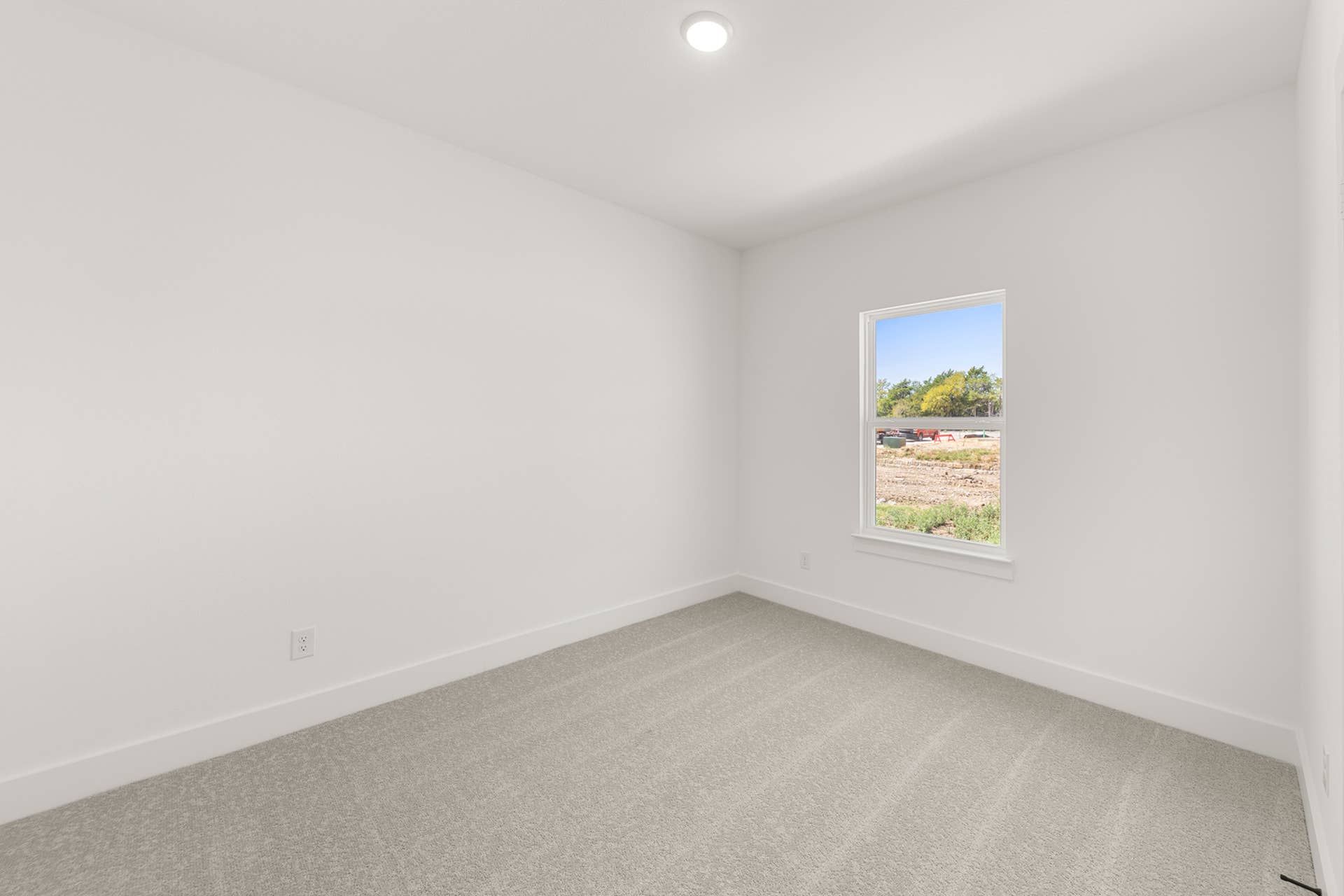 Bright empty bedroom with beige carpet and single window view.