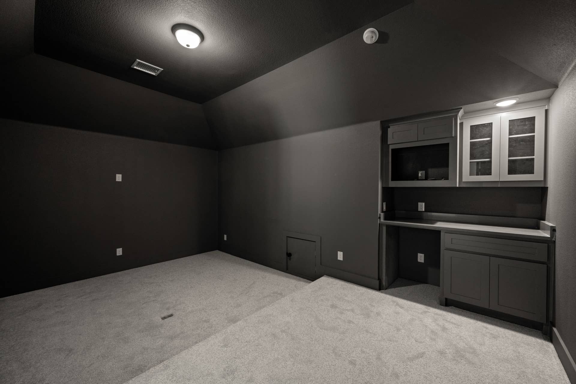 Home media room with dark walls, carpet, and built-in cabinets.