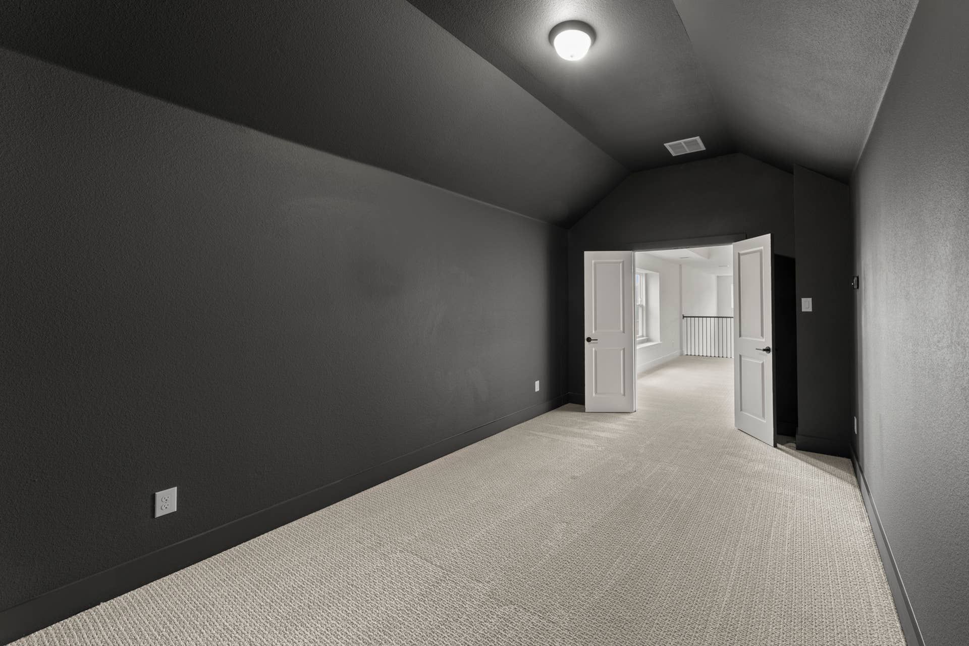 Spacious interior room with dark walls and double doors, featuring soft carpet flooring.