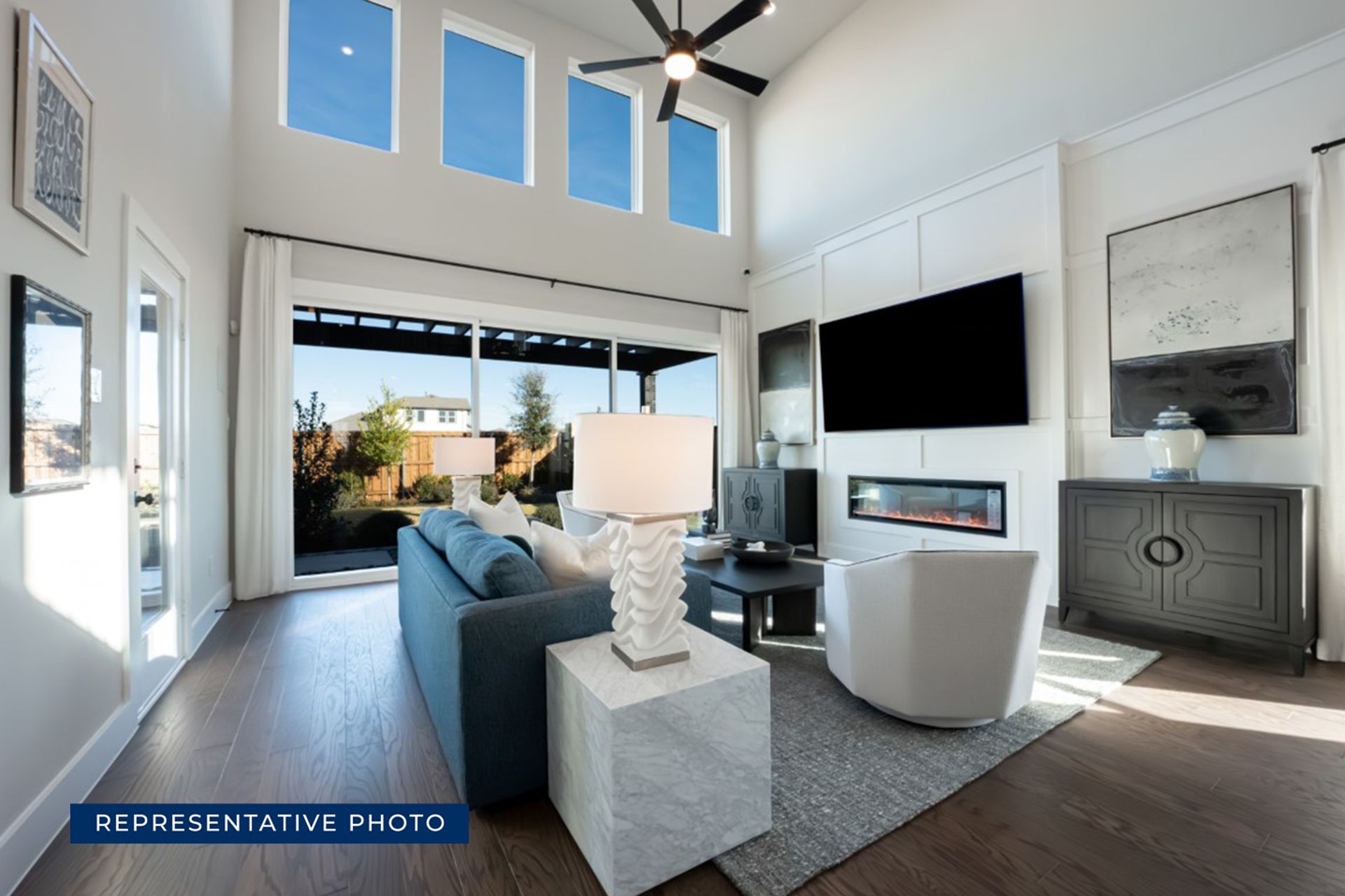 Representative photo of a modern living room with large windows and fireplace.