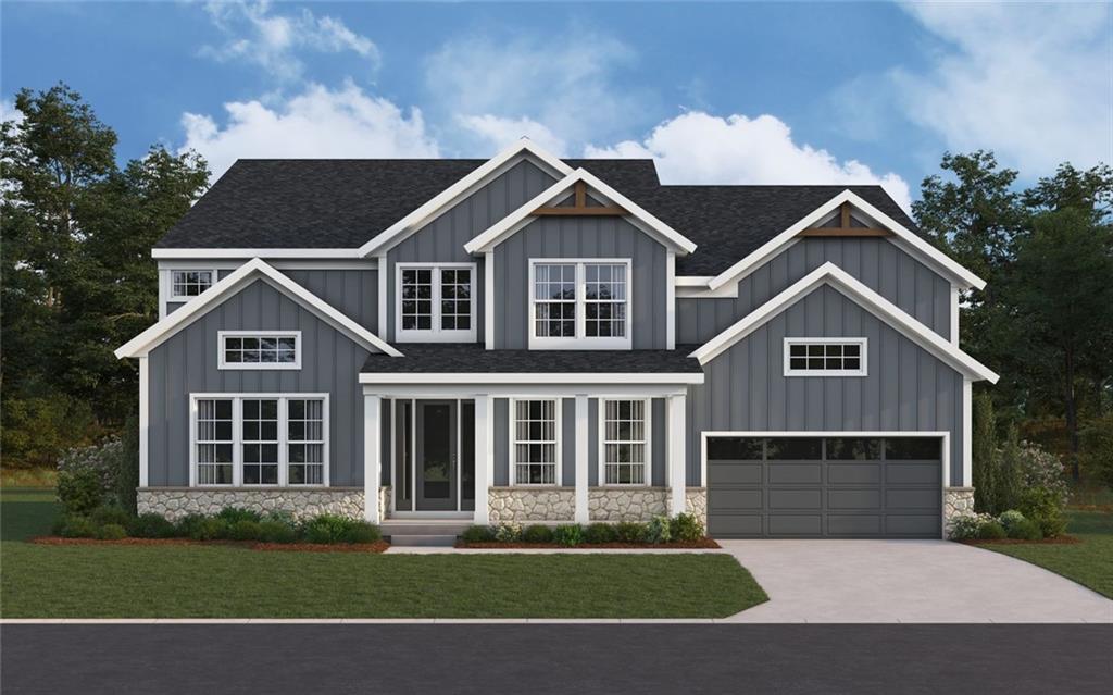Contemporary two-story residence featuring a dark gray shingle roof, gray vertical siding, white trim, and a stone facade foundation