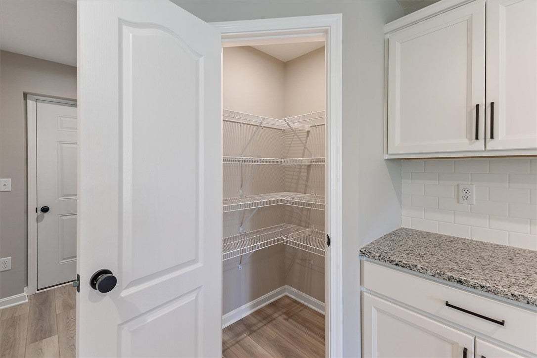 This kitchen showcases a well-organized pantry wit