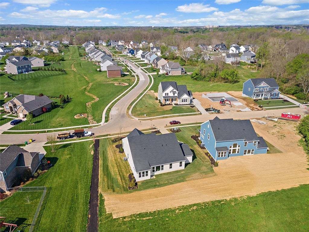 An aerial view showcases a residential community w