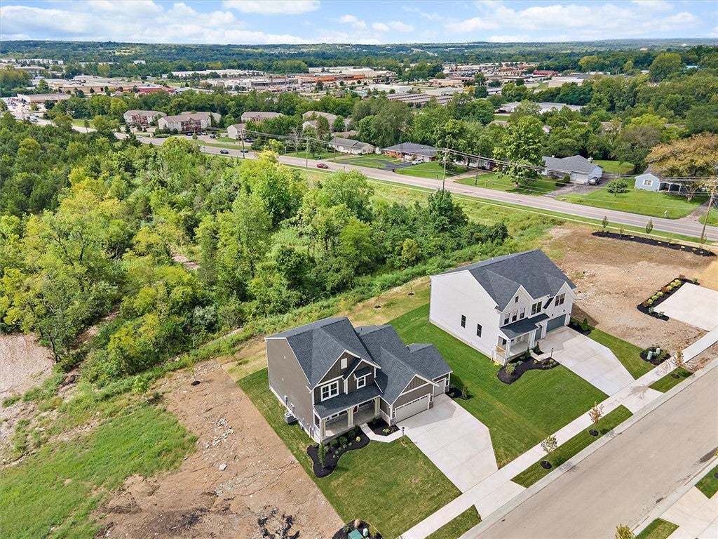 An aerial perspective shows newly constructed home
