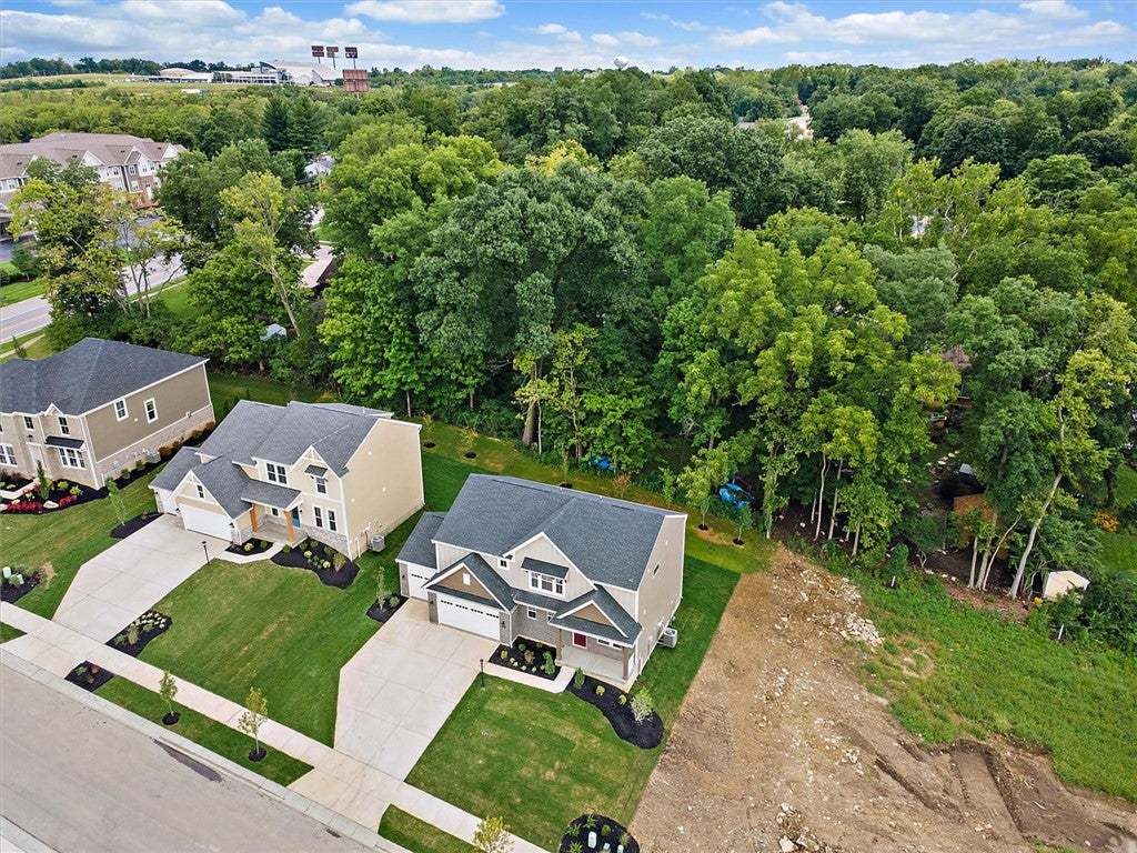 Lush mature trees frame the rear border of these n