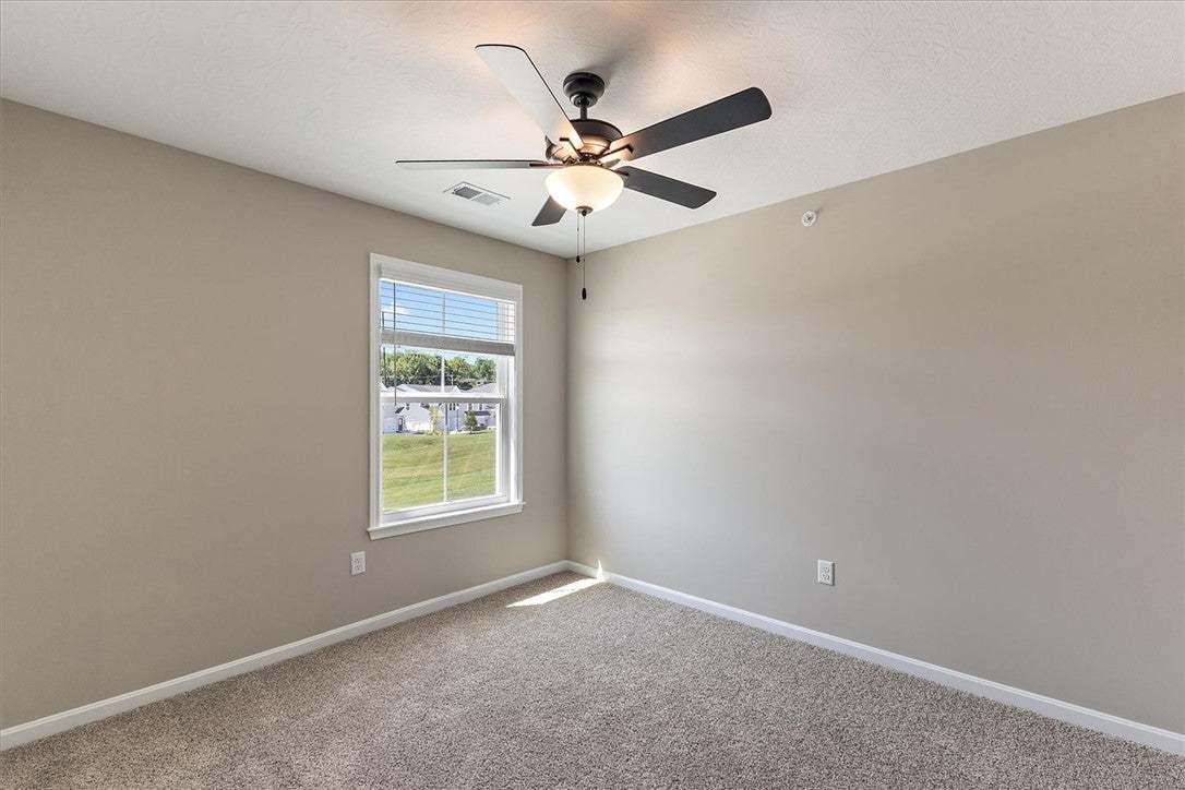 Plush carpeting and a large window frame views of