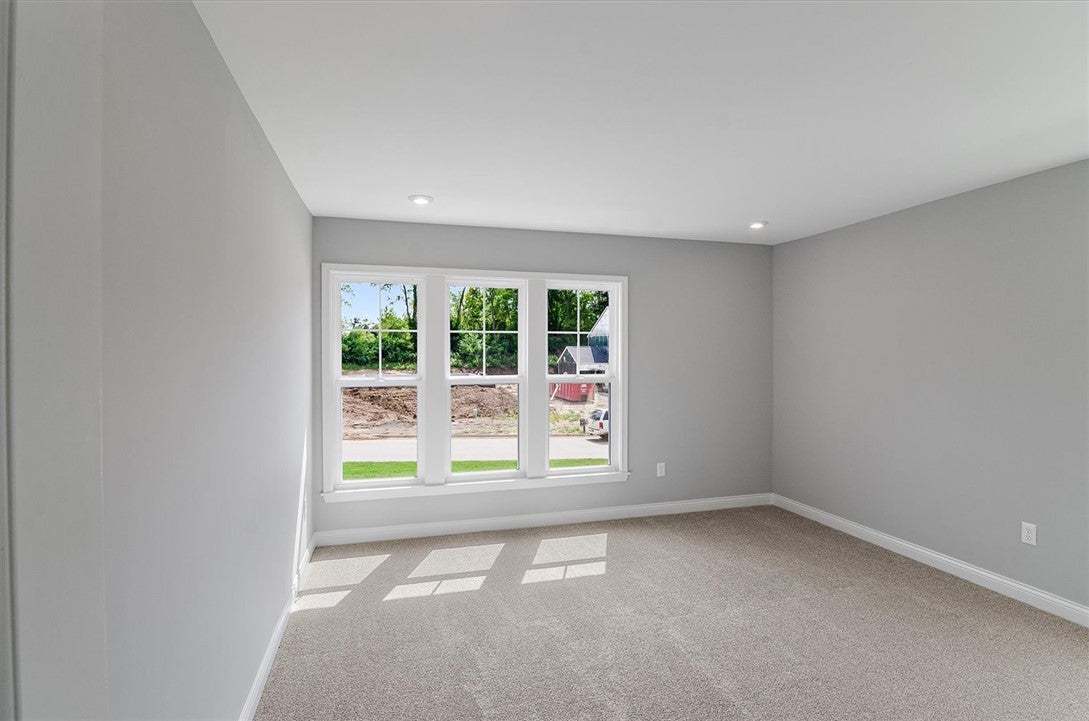 A spacious interior room features plush wall-to-wa
