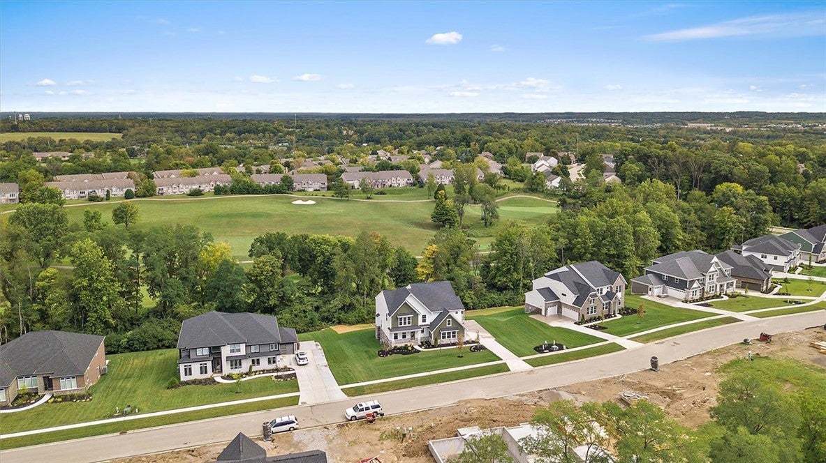An aerial perspective showcases modern homes borde