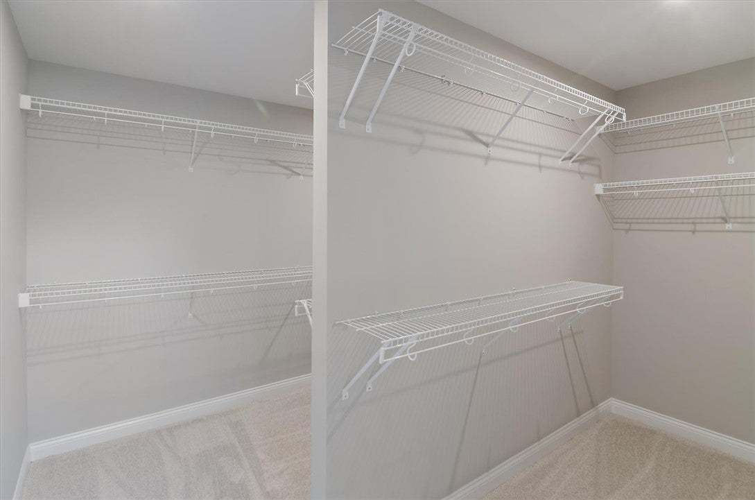 Ample built-in wire shelving organizes this carpet