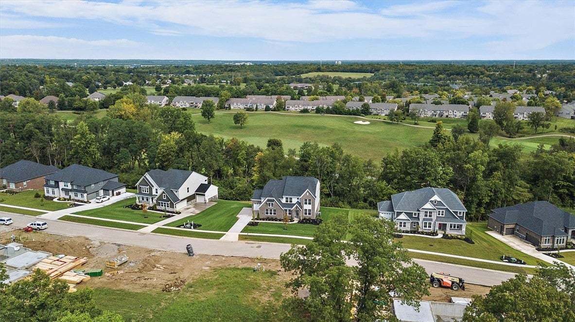 An aerial perspective showcases a suburban enclave