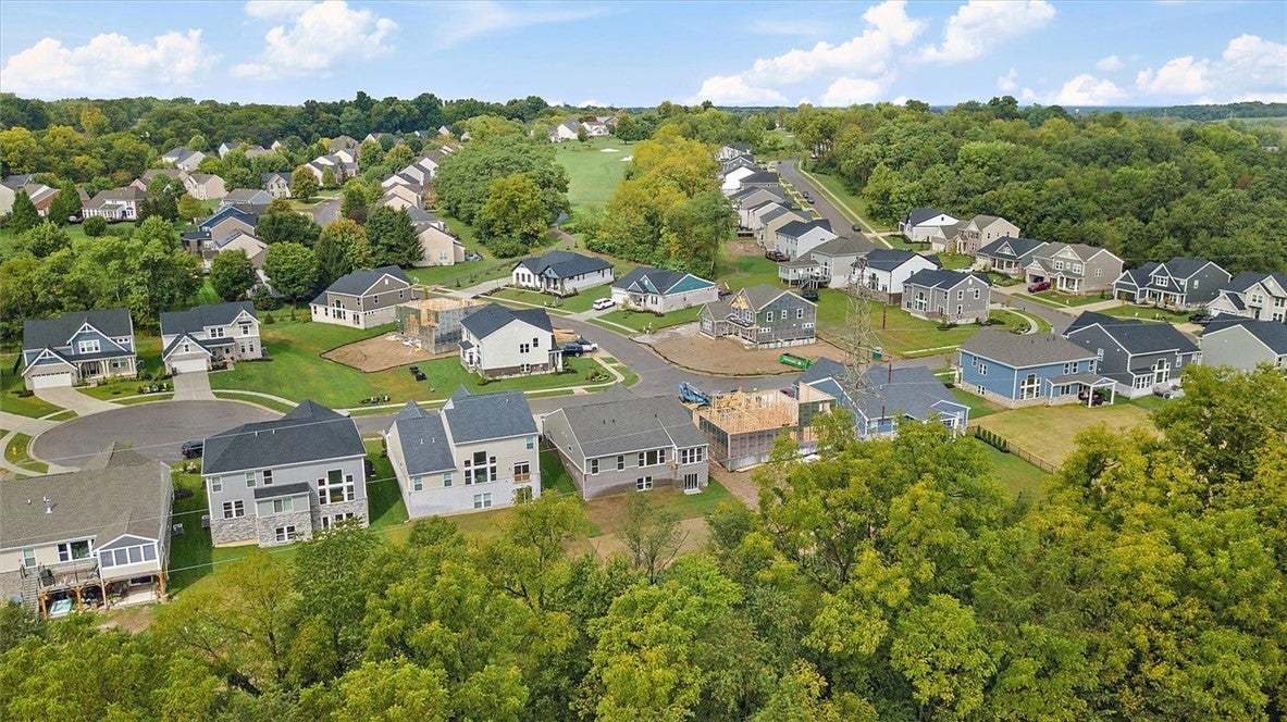 An aerial perspective showcases a quiet residentia