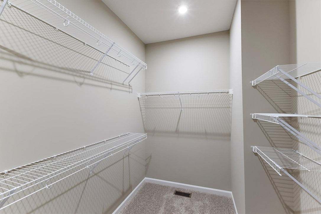 A spacious walk-in closet includes carpeted floori