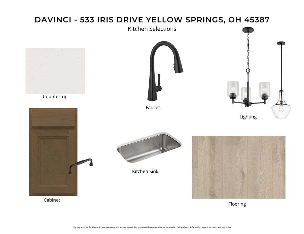 Kitchen selections including countertops, sink, fa