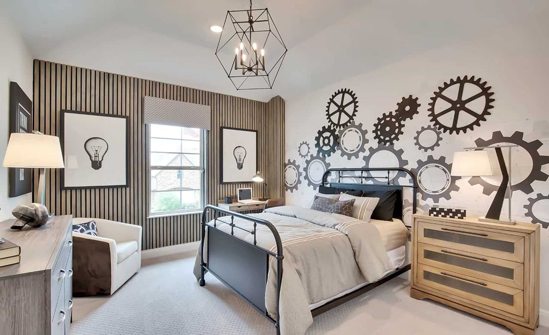 Experience industrial chic with metal bed, gear art, and wood accents at Oaks at San Gabriel.