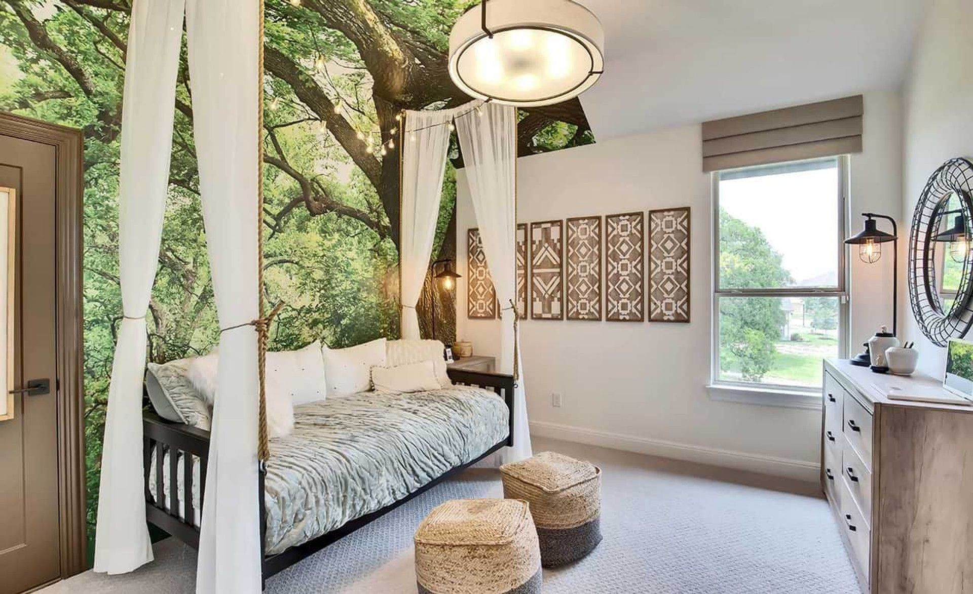 Experience luxury with a serene tree mural and sophisticated accents in Oaks at San Gabriel.