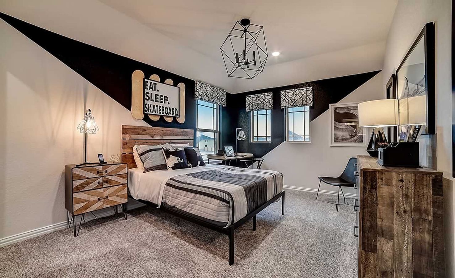 Elegant geometric chandelier and rustic wood elements define this stylish Dauer Ranch bedroom.