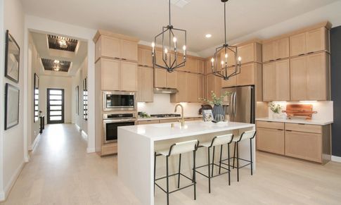 Elegant light wood cabinetry and sleek island with gold fixtures in Coastal Point's refined kitchen space.
