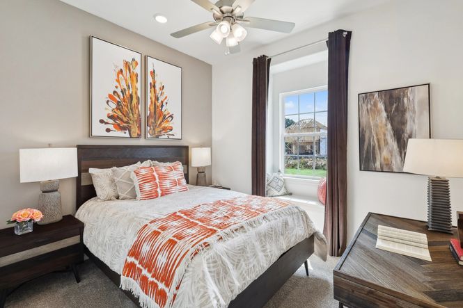 Sophisticated Heritage Park bedroom with chic artwork, large window, and premium wood textures.