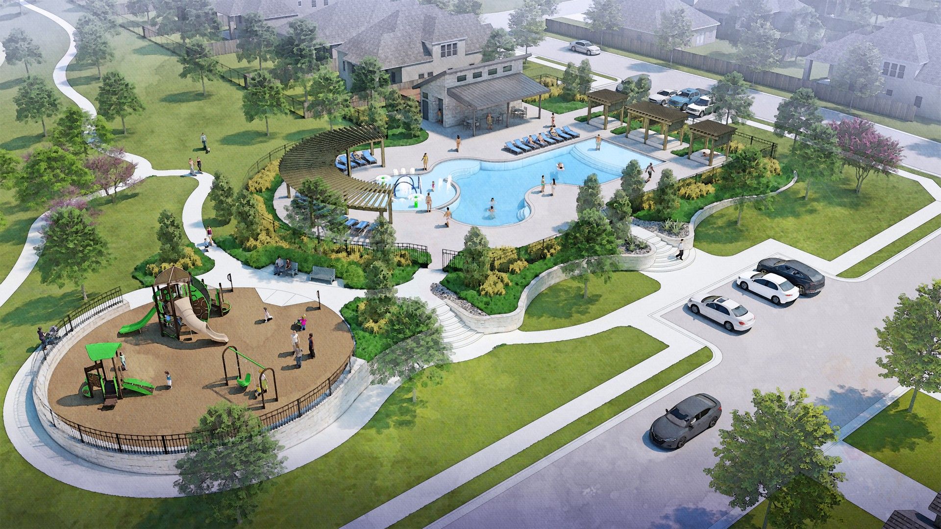 Elegant poolside leisure with landscaped gardens and pergolas in Simpson Crossing's upscale park.