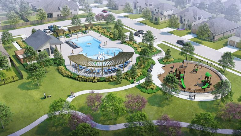 Discover Simpson Crossing's elegant pool with stylish pergola, lush grounds, and modern playground, seamlessly integrated into the landscape.