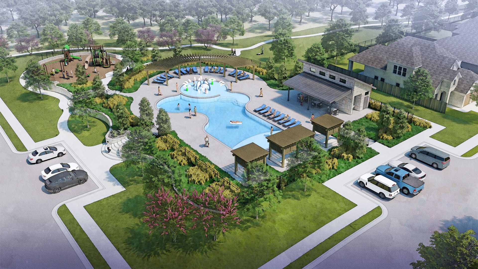 Discover Simpson Crossing's luxurious pool, chic cabanas, and serene playground. Exquisite modern designs await.